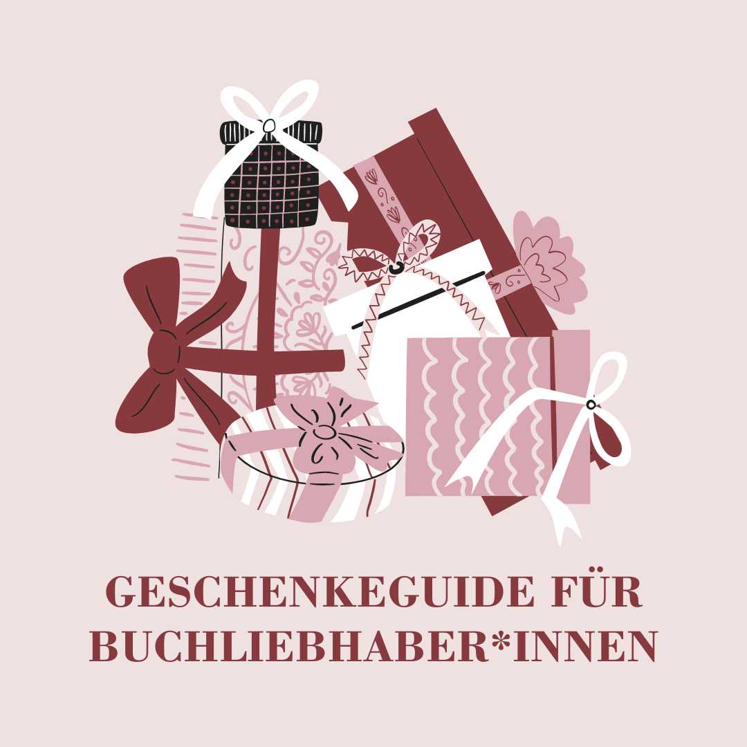 Der große Geschenkeguide für Buchliebhaber*innen Illustration gestapelter Geschenke in Rosé und Dunkelrot – Geschenkeguide für Buchliebhaber*innen
