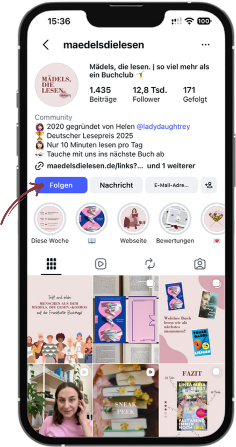 Instagram-Profil von Maedels, die lesen. in einem Handy-Mockup